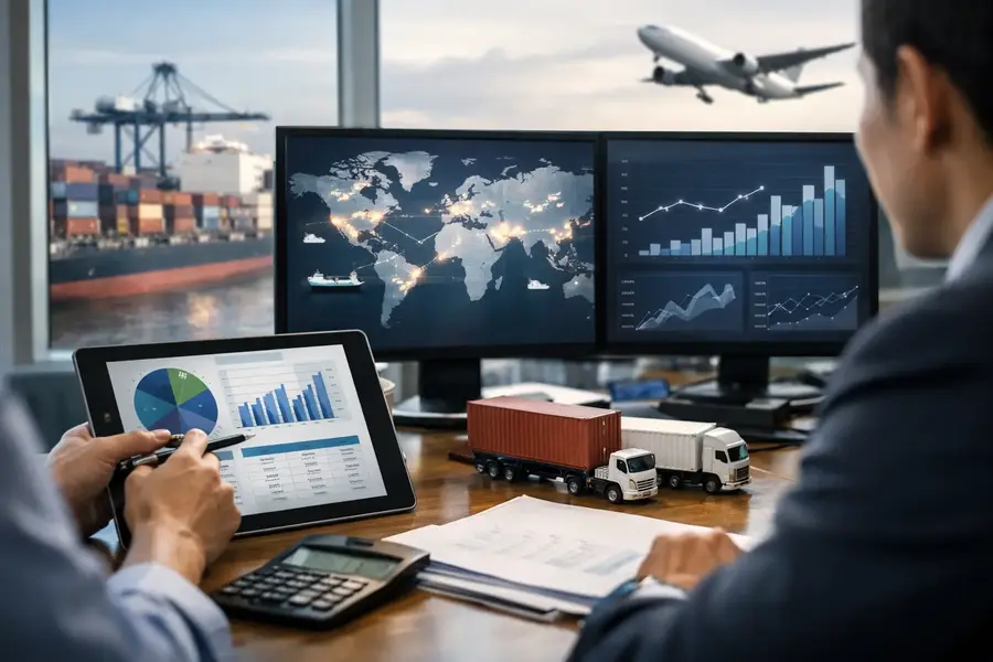 Logistics and procurement team analysing landed costs across global freight routes